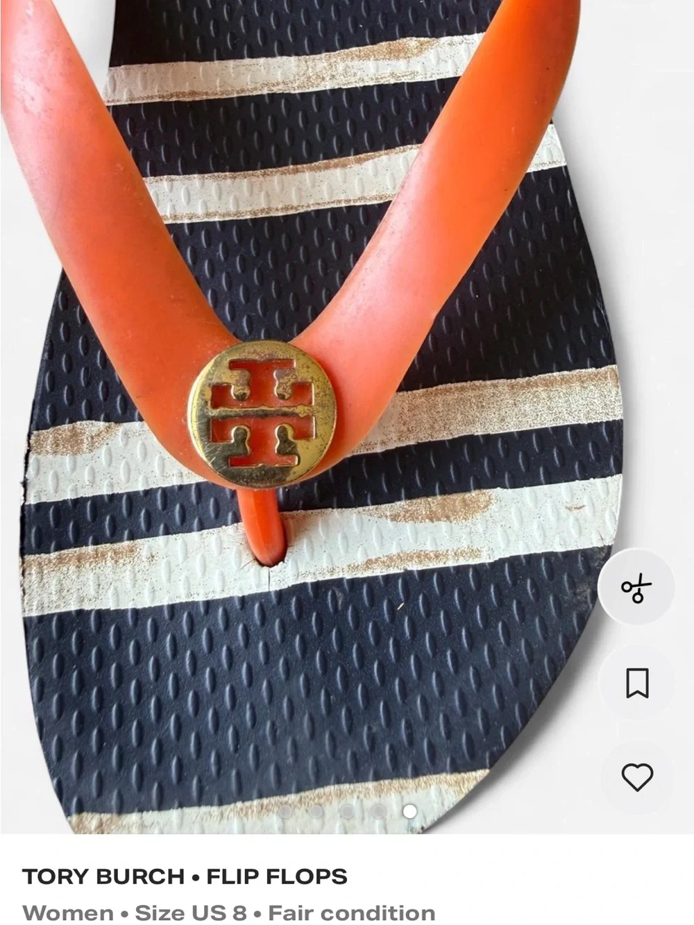 Tory Burch Kids Navy & White Stripe Flip Flops with Coral Straps Size 8